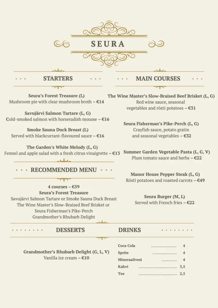 Menu of Restaurant Juuan Seura for 2026